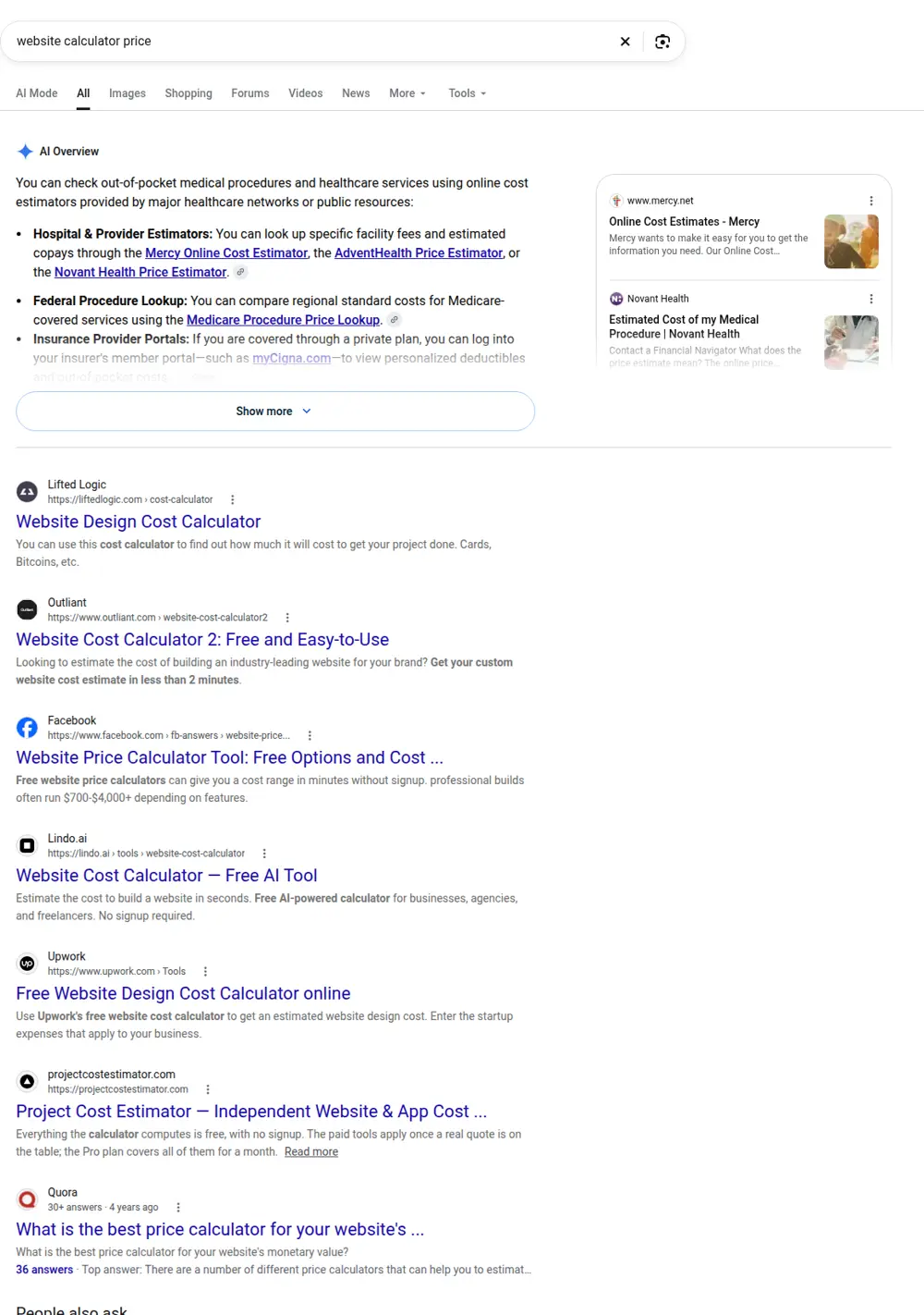 Top Google results for website calculator price, searched from the United States